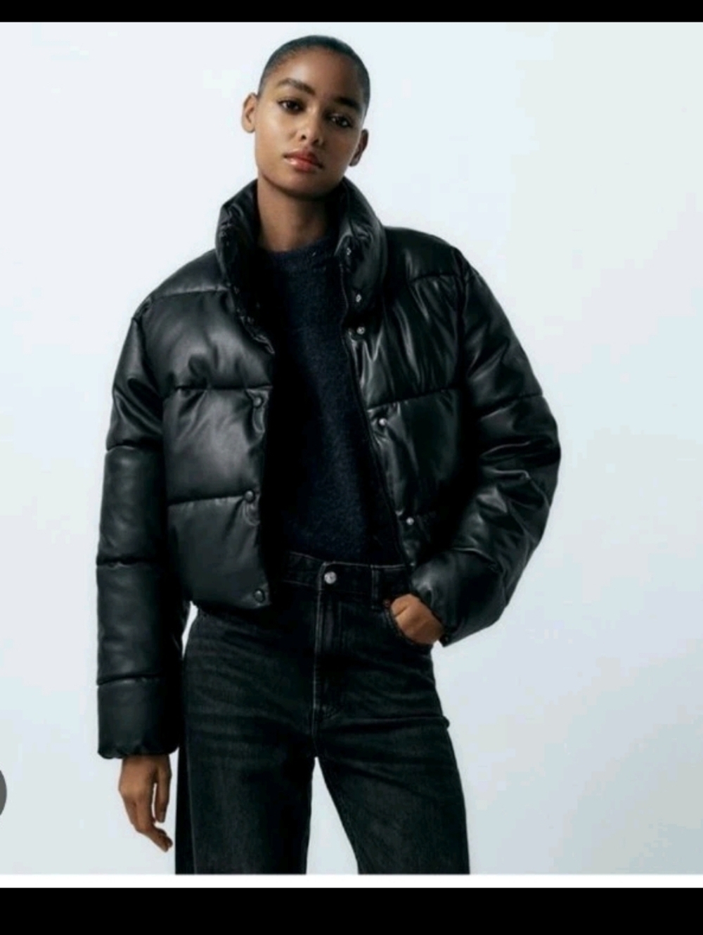 ZARA Women’s Black Faux Leather Puffer Trendy Vegan Leather Short Jacket S